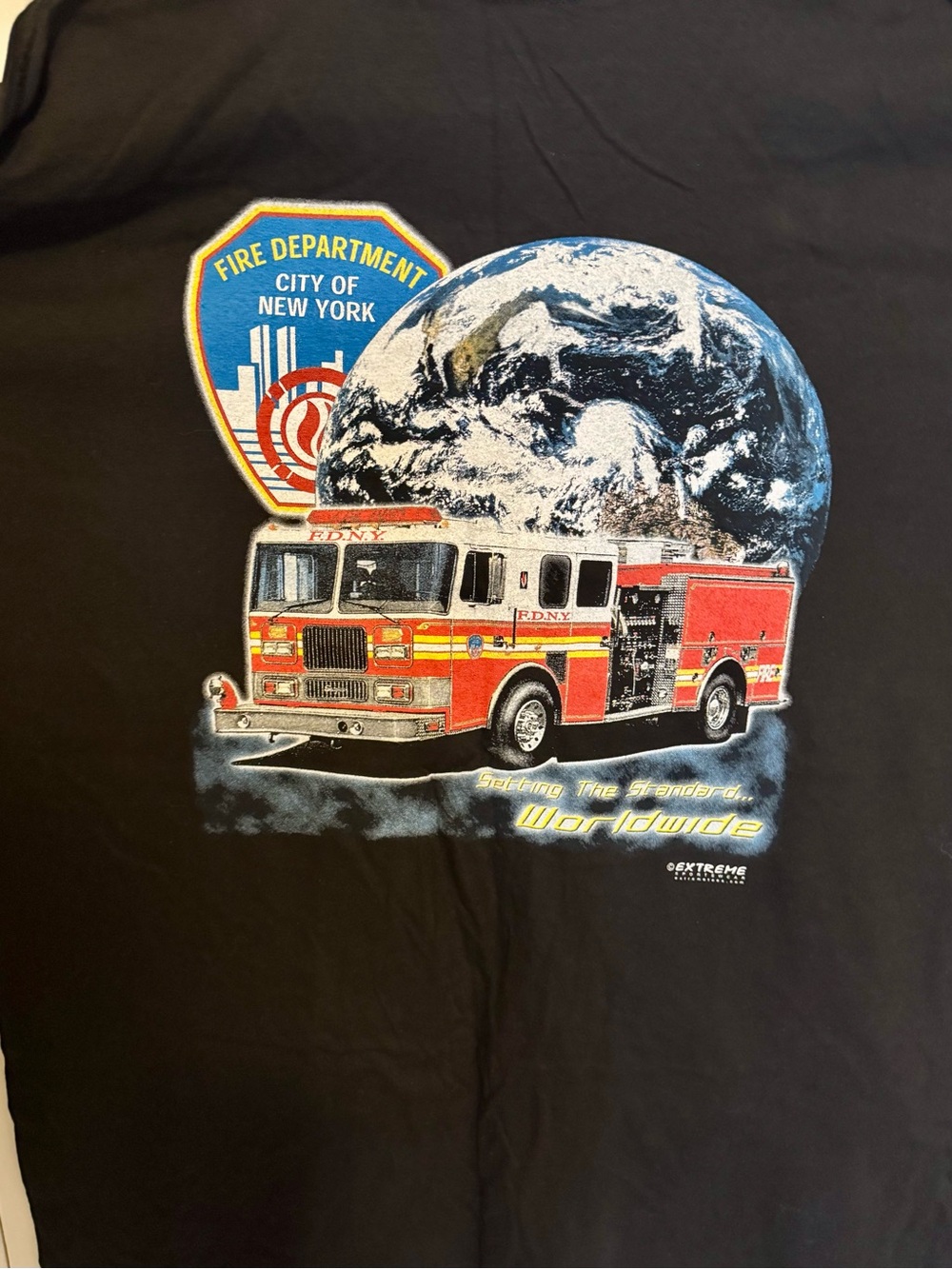 Gildan Black Tee FDNY Fire Truck and Globe Graphic